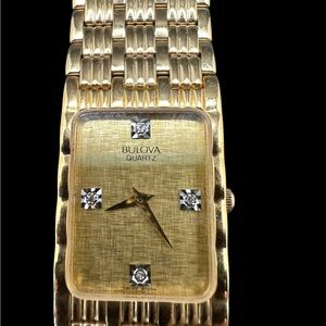 Bulova Gold Tone Rectangular Dress Watch with Diamond Accents. New old stock.